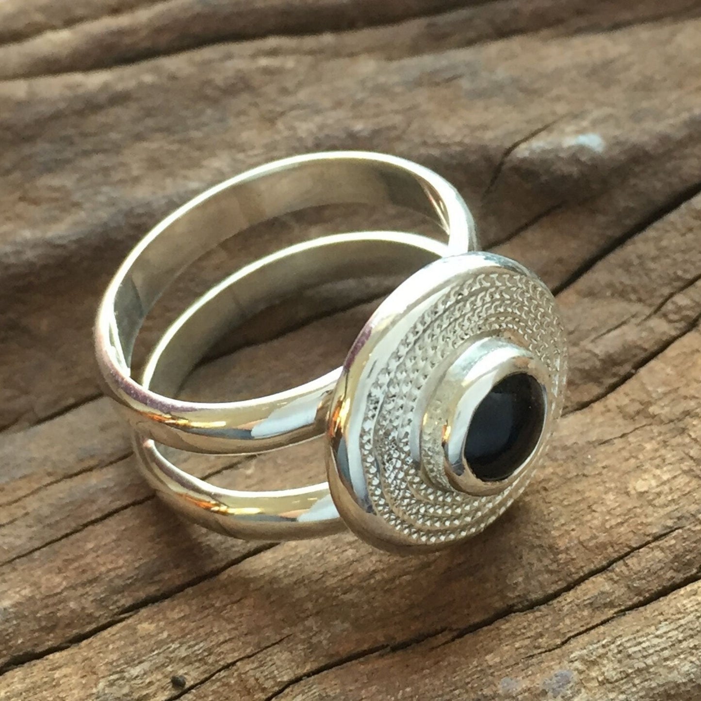 Onyx and Sterling Silver Chunky Double Banded Ring