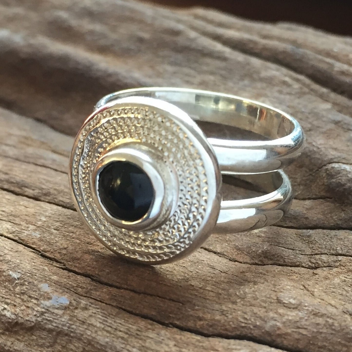 Onyx and Sterling Silver Chunky Double Banded Ring