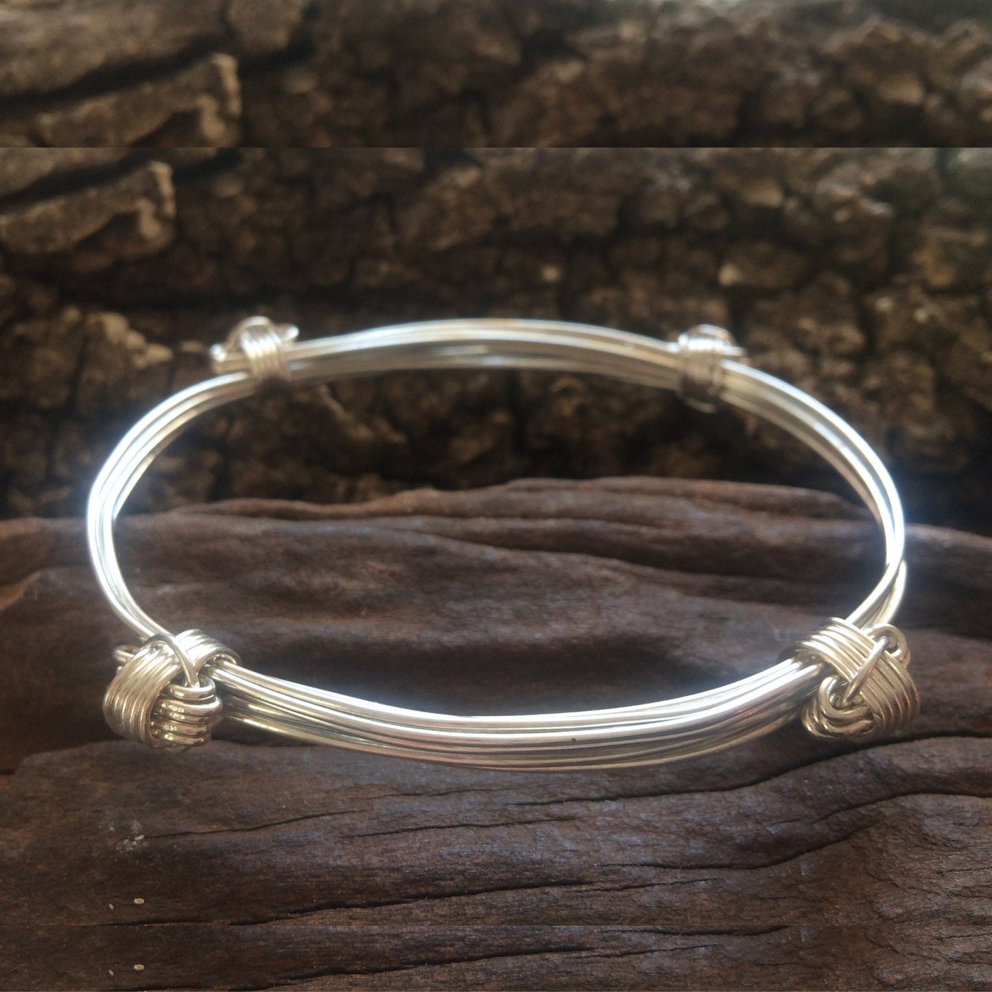 Four Knot Five Strand Sterling Silver Elephant Hair Bangle - Adjustable Bangle