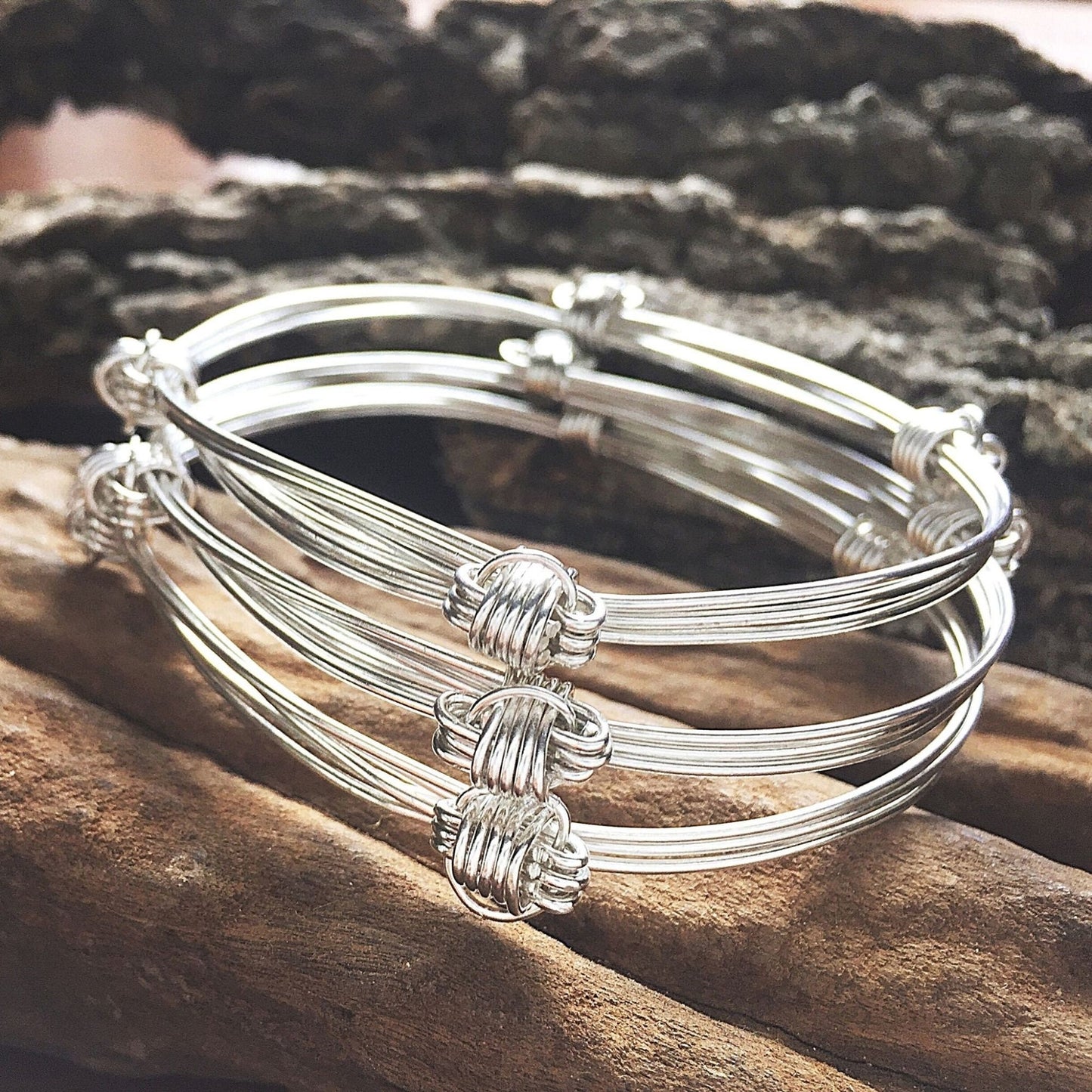 Set of 3, Four Knot, Three Strand Sterling Silver Adjustable Elephant Hair Bangles