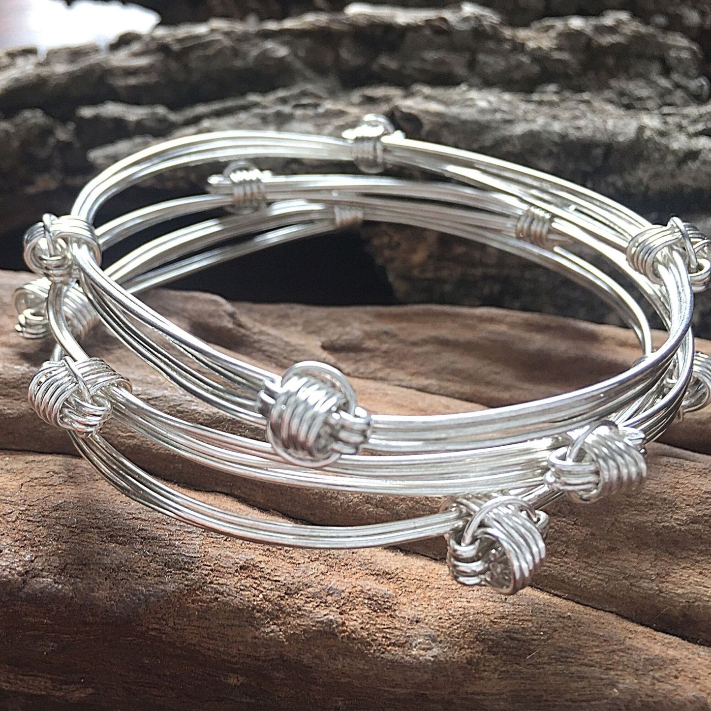 Set of 3, Four Knot, Three Strand Sterling Silver Adjustable Elephant Hair Bangles