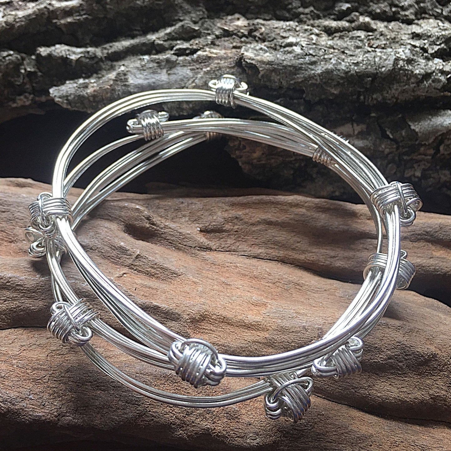 Set of 3, Four Knot, Three Strand Sterling Silver Adjustable Elephant Hair Bangles