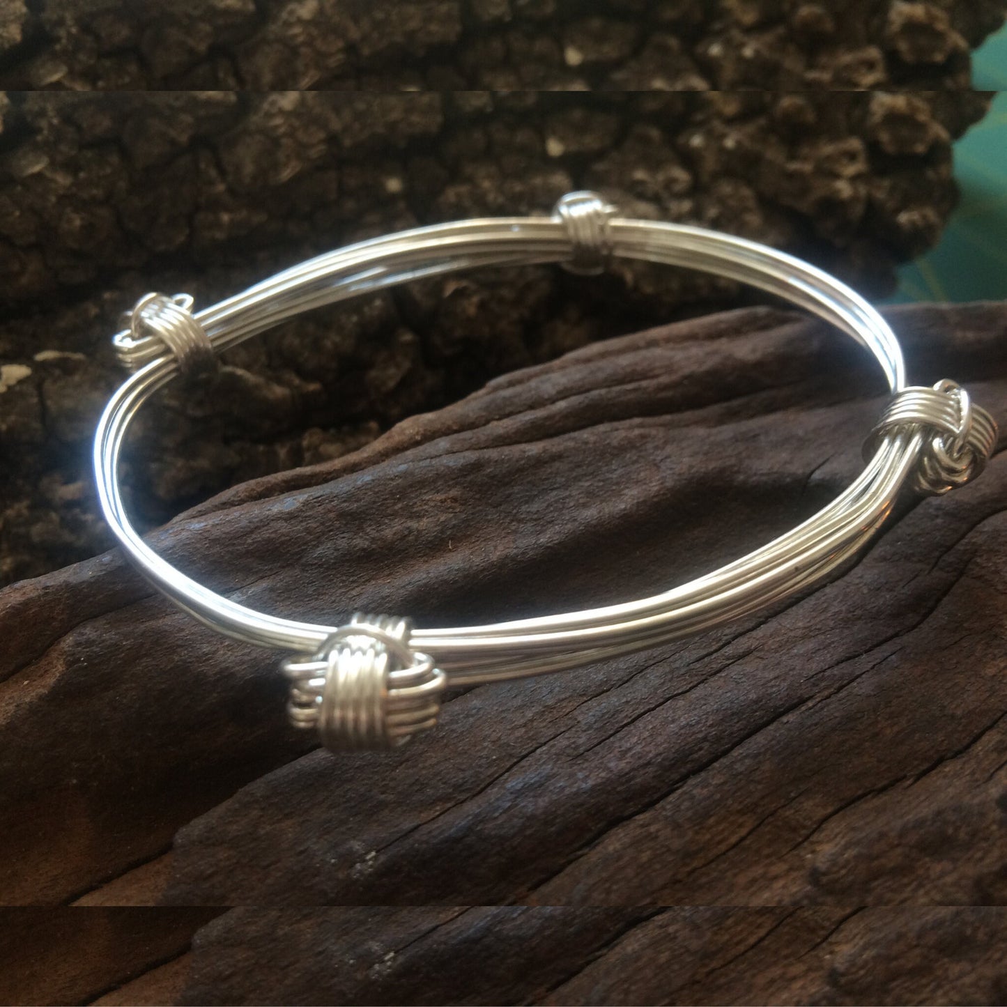 Four Knot Five Strand Sterling Silver Elephant Hair Bangle - Adjustable Bangle