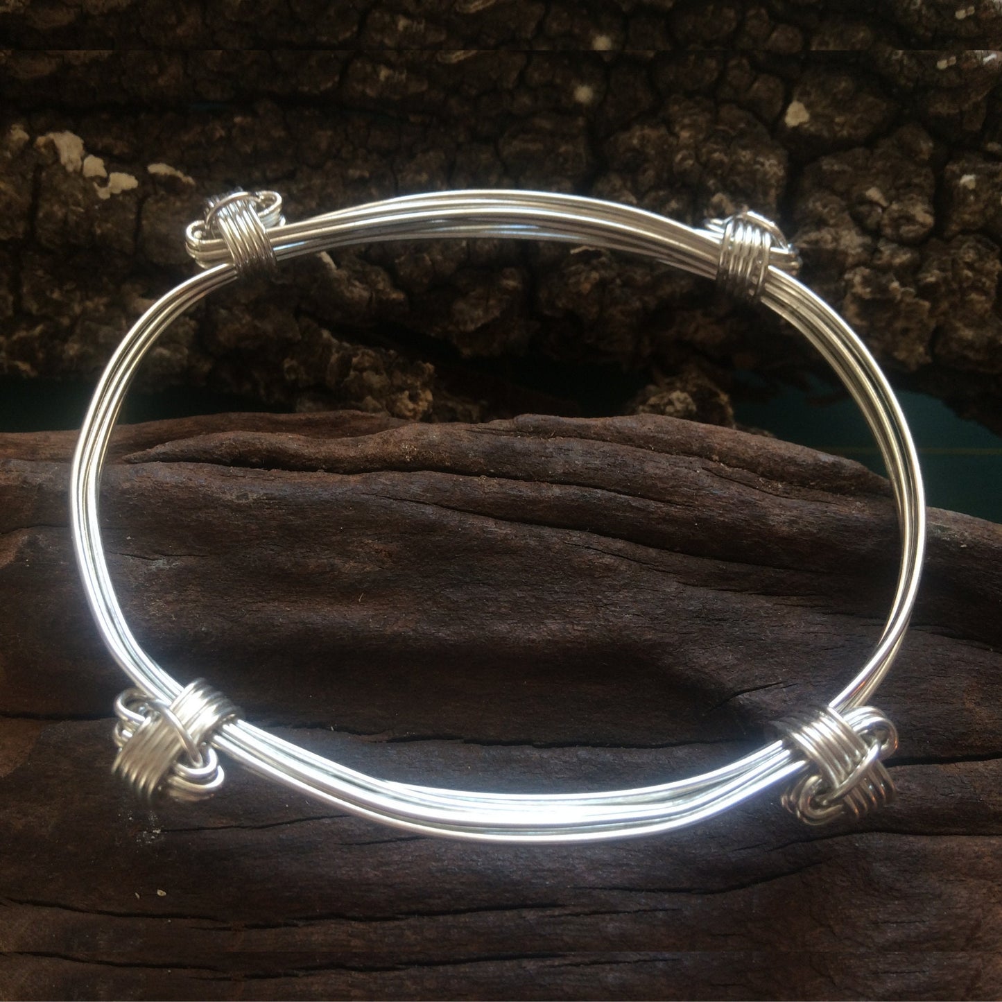 Four Knot Five Strand Sterling Silver Elephant Hair Bangle - Adjustable Bangle