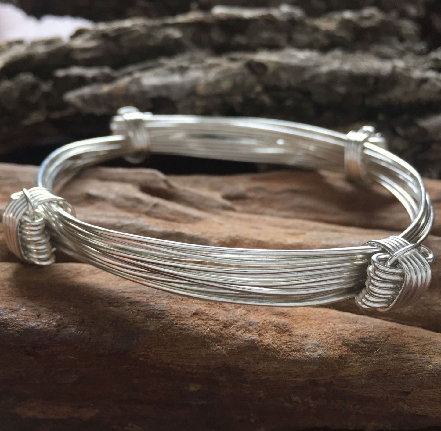 Four Knot Nine Strand Sterling Silver Elephant Hair Bangle - Adjustable Bangle