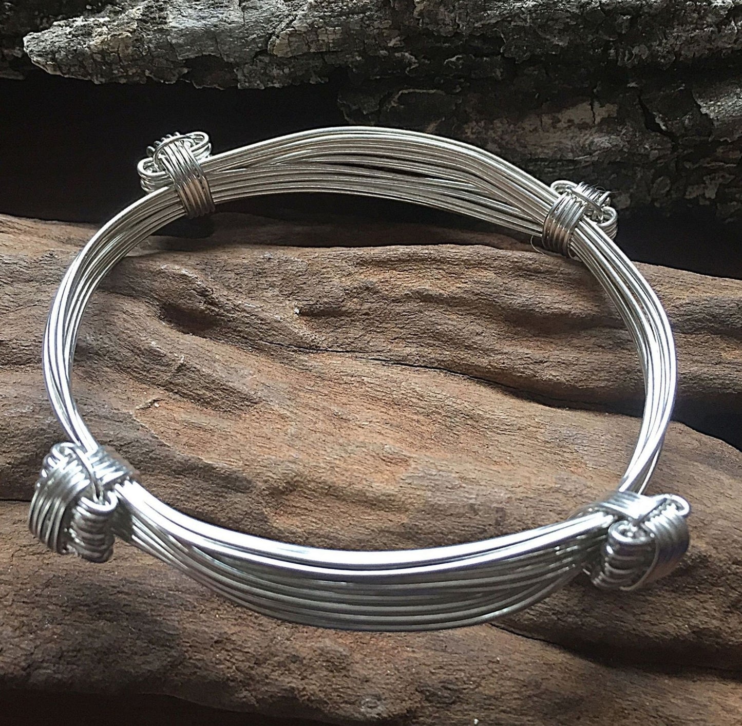 Four Knot Nine Strand Sterling Silver Elephant Hair Bangle - Adjustable Bangle