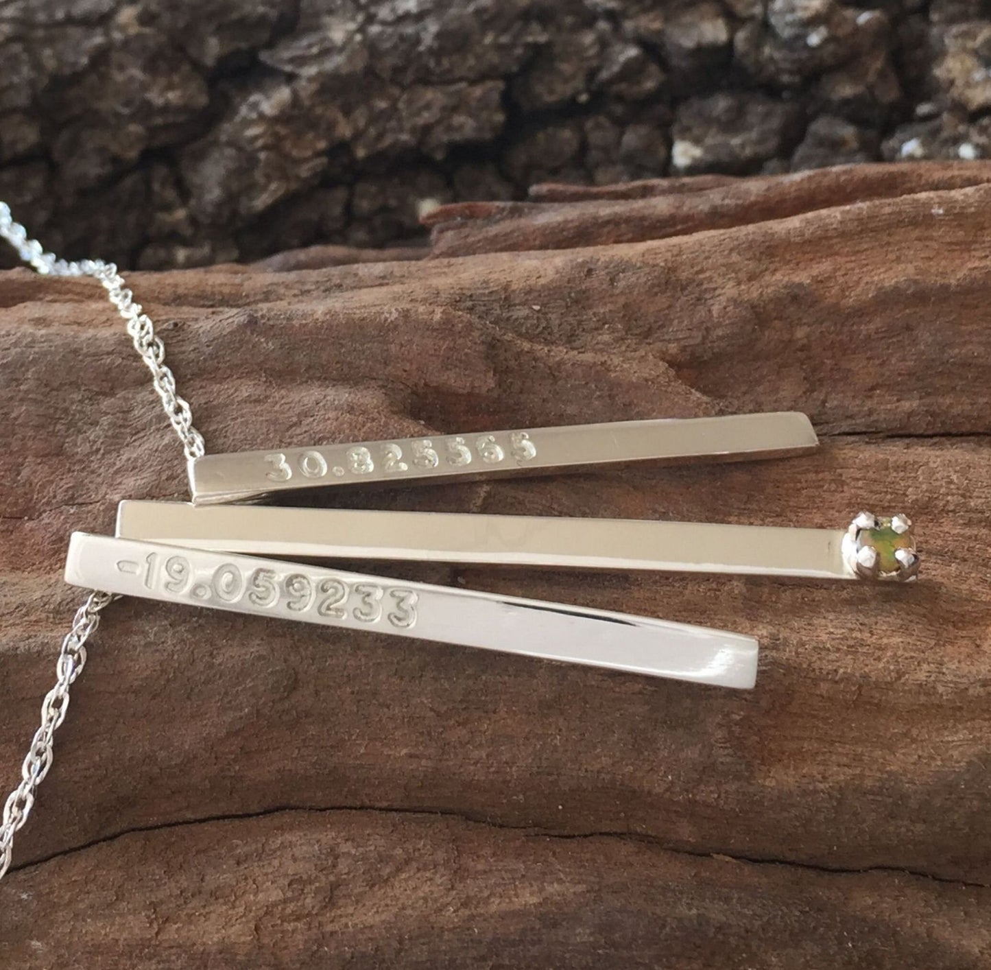 GPS Coordinates and Birthstone Bar Necklace in Sterling Silver