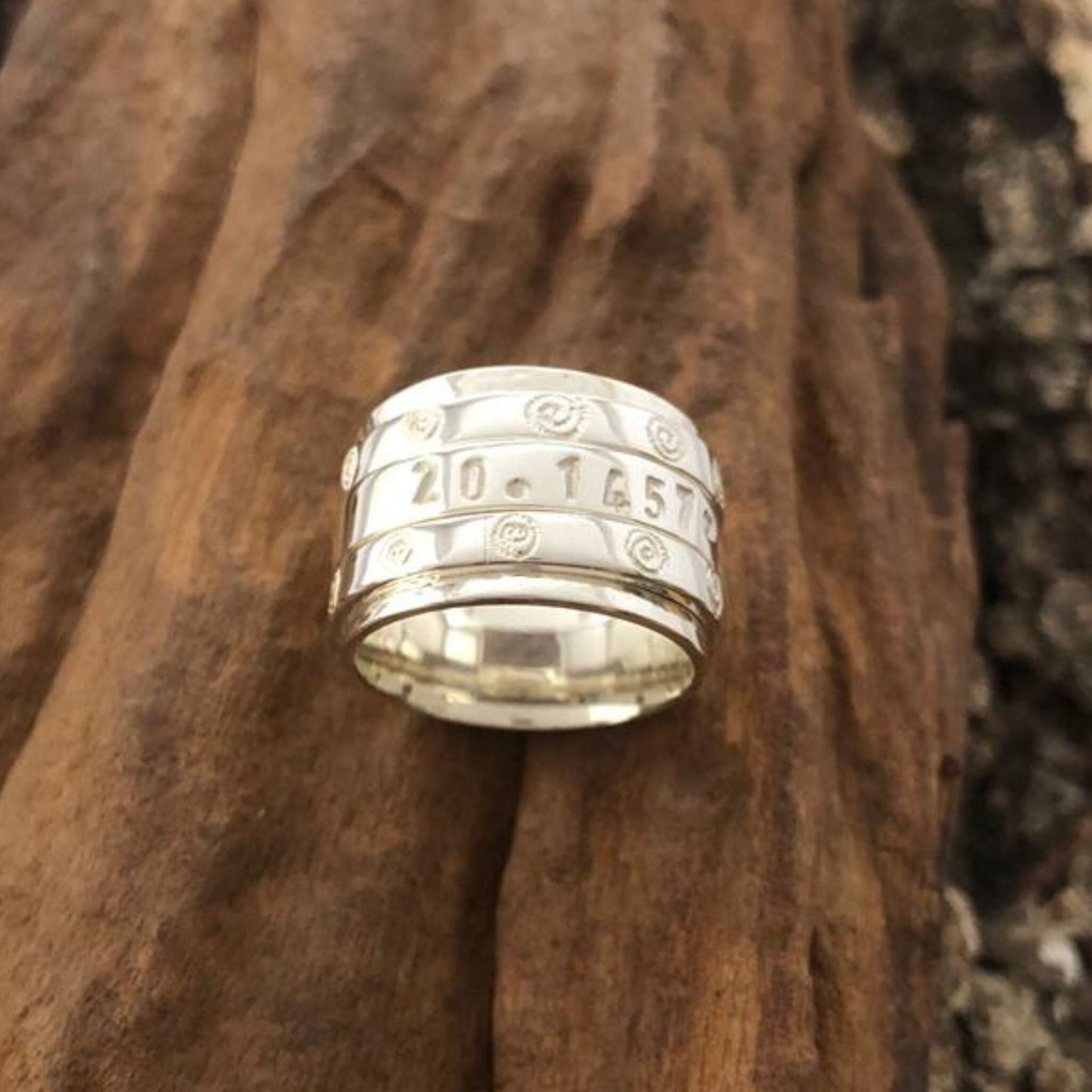 Take Me Home Ndoro GPS Spinner Ring Made in Sterling Silver , Hand Stamped GPS Coordinates, Coordinates Silver Ring