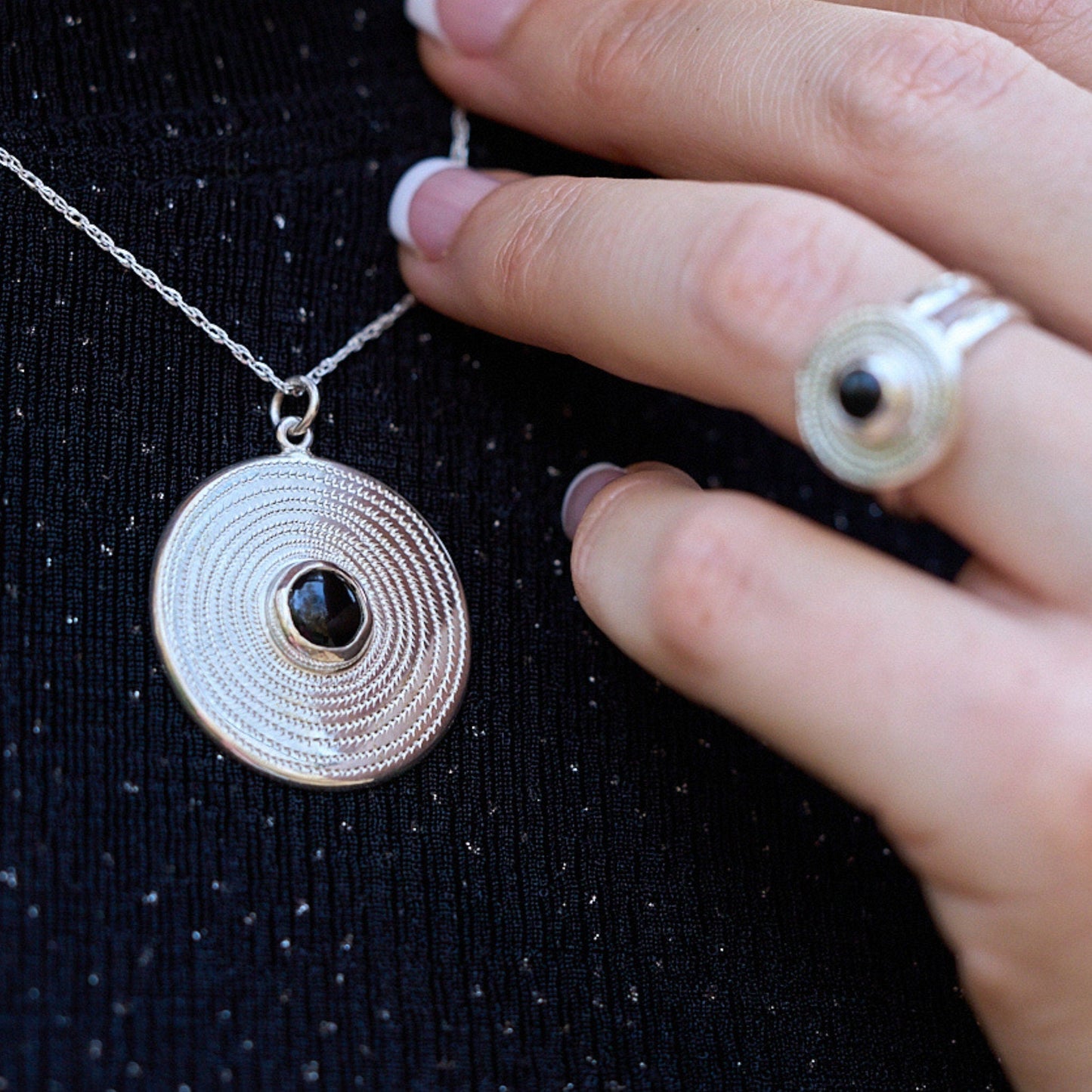 Onyx and Sterling Silver Ndoro Necklace - 30 mm Pendant