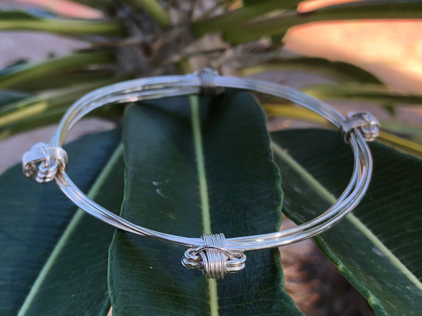 Four Knot, Three Strand Sterling Silver Elephant Hair Adjustable African Bangles