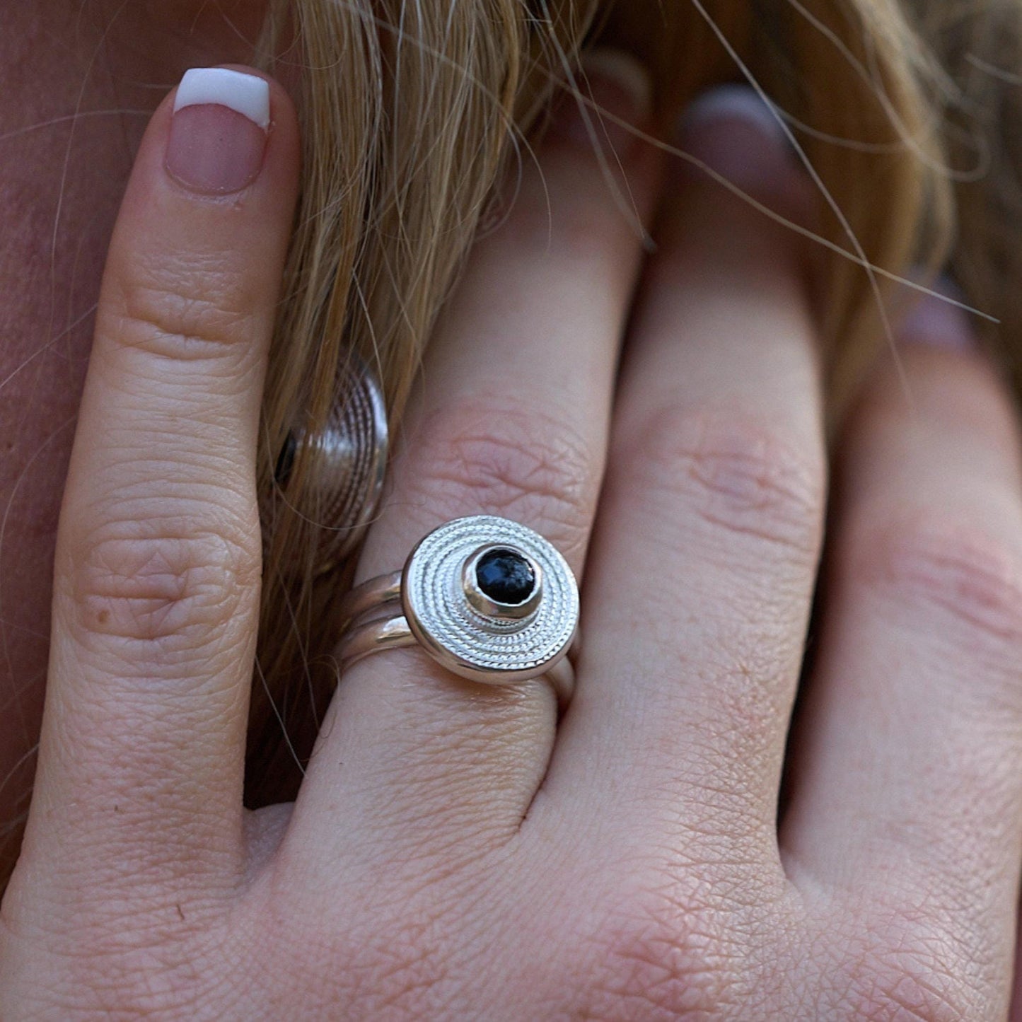 Onyx and Sterling Silver Chunky Double Banded Ring