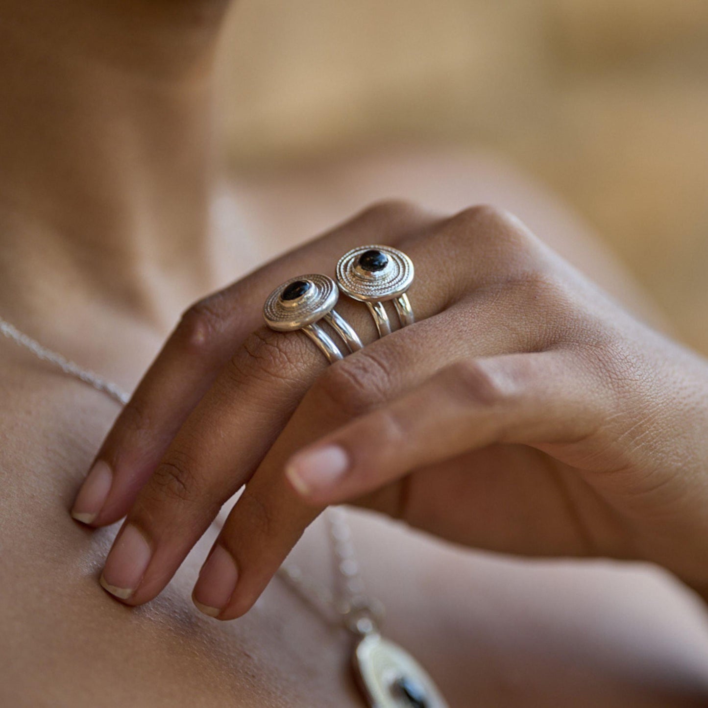 Onyx and Sterling Silver Chunky Double Banded Ring
