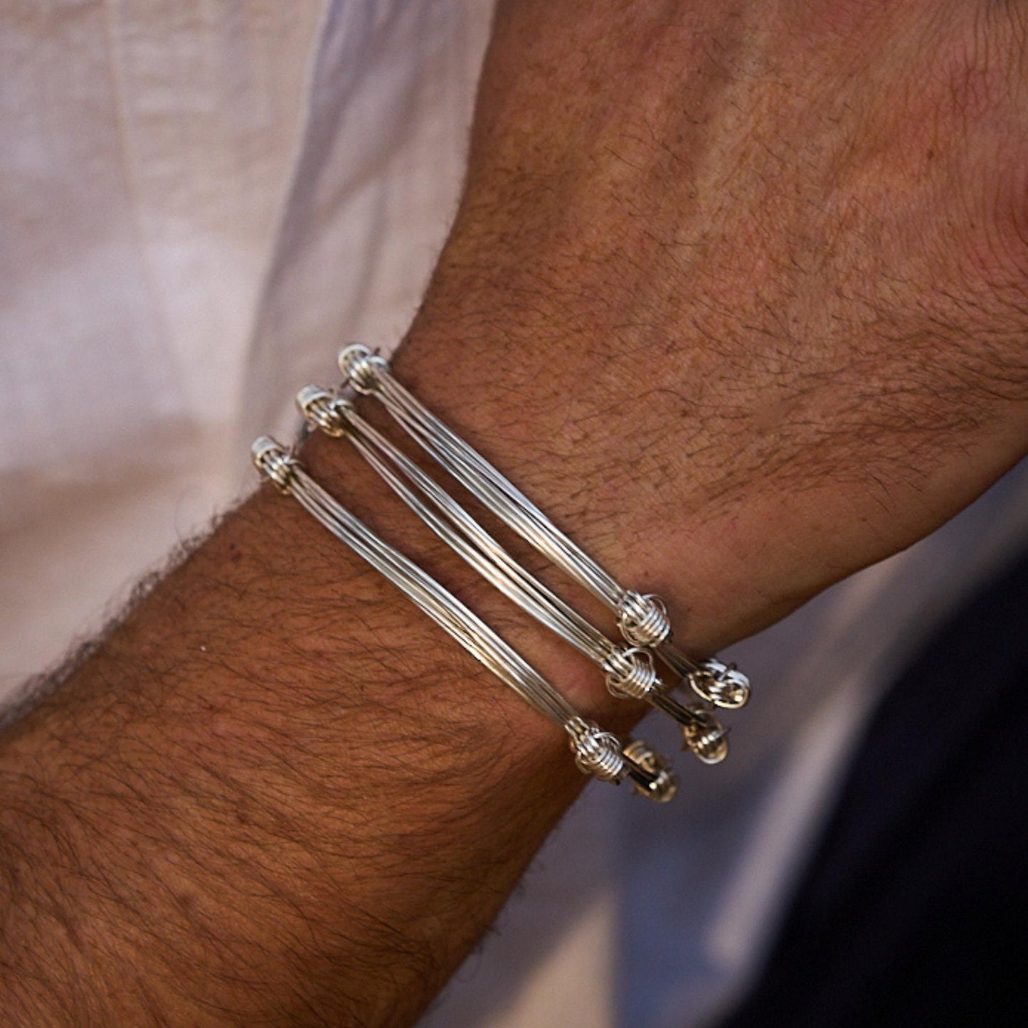 Set of 3, Four Knot, Three Strand Sterling Silver Adjustable Elephant Hair Bangles