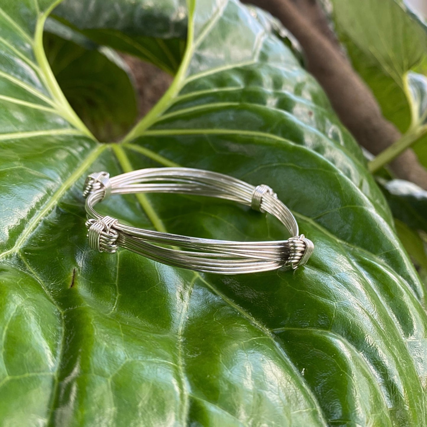 Bold African Silver Bangle - Handmade Elephant Hair Bracelet, Four Knot Seven Strand