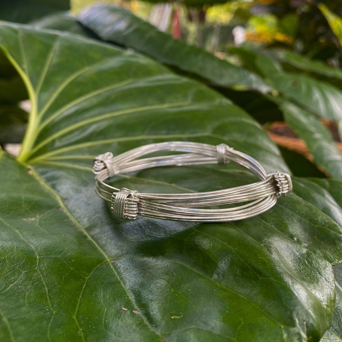 Bold African Silver Bangle - Handmade Elephant Hair Bracelet, Four Knot Seven Strand