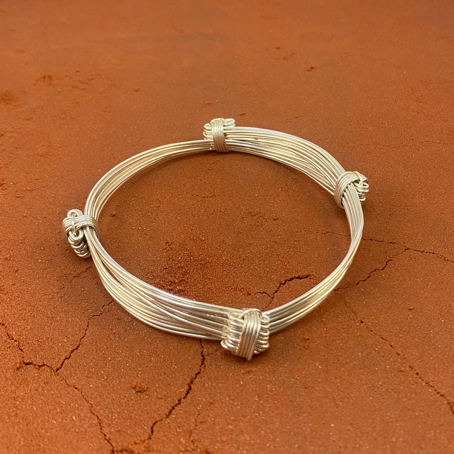 Chunky African Silver Bangle - Handmade Elephant Hair-Style Bracelet, Four Knot, Nine Strand