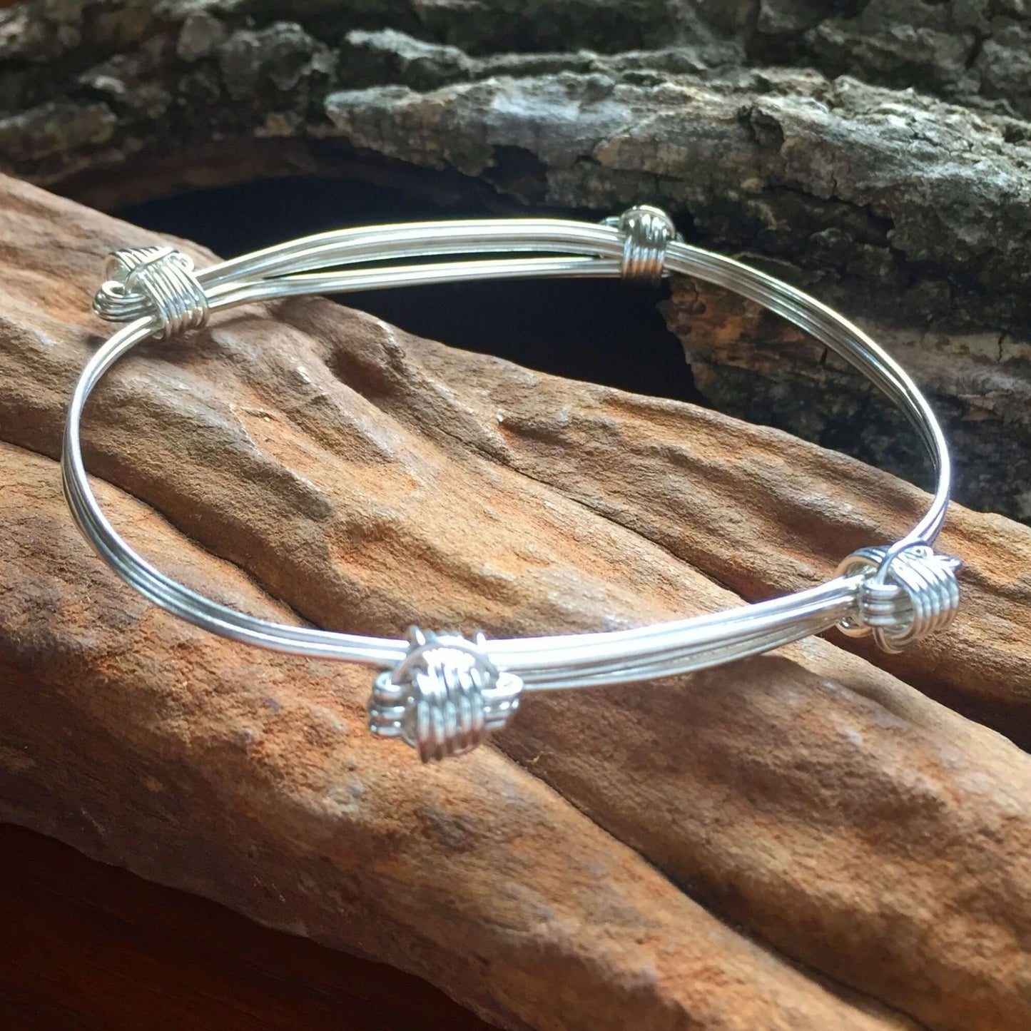 Four Knot, Three Strand Sterling Silver Elephant Hair Adjustable African Bangles