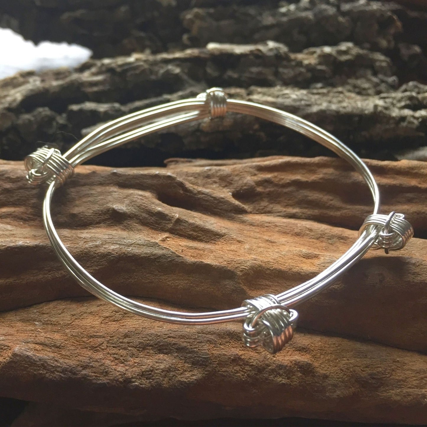 Four Knot, Three Strand Sterling Silver Elephant Hair Adjustable African Bangles
