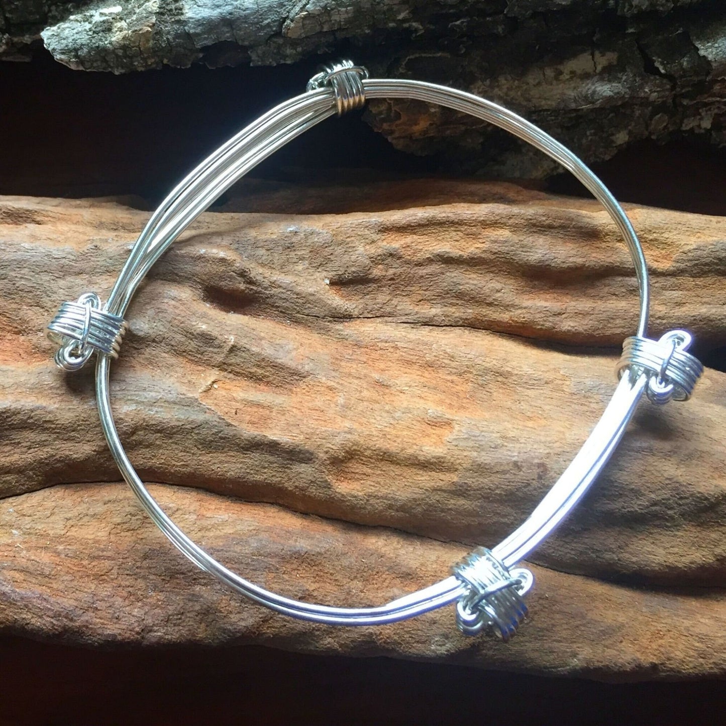 Four Knot, Three Strand Sterling Silver Elephant Hair Adjustable African Bangles