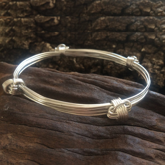 Four Knot Five Strand Sterling Silver Elephant Hair Bangle - Adjustable Bangle