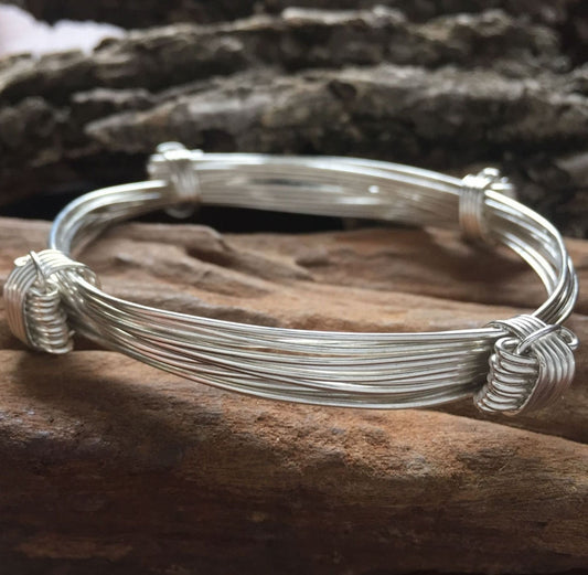 Four Knot Nine Strand Sterling Silver Elephant Hair Bangle - Adjustable Bangle