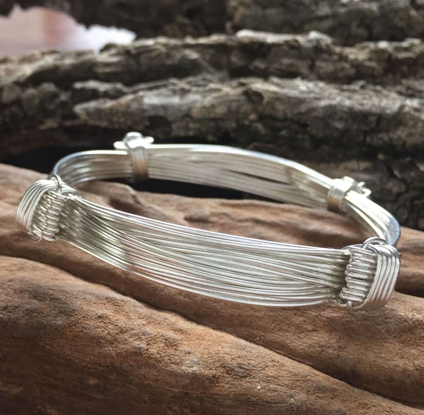 Four Knot Nine Strand Sterling Silver Elephant Hair Bangle - Adjustable Bangle