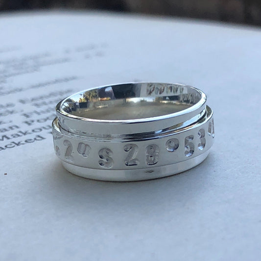 Sterling Silver GPS "Take Me Home" Spinner Ring, GPS Coordinates Ring, Location Spinner Ring