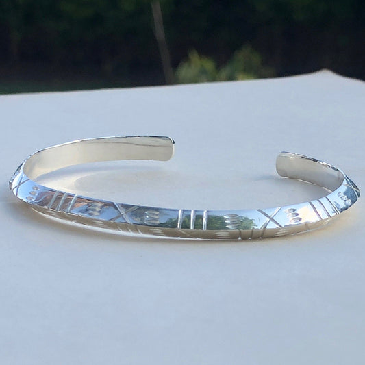 Men's Ndebele Sterling Silver Cuff Bangle, Engraved with Ndebele Tribal Patterns