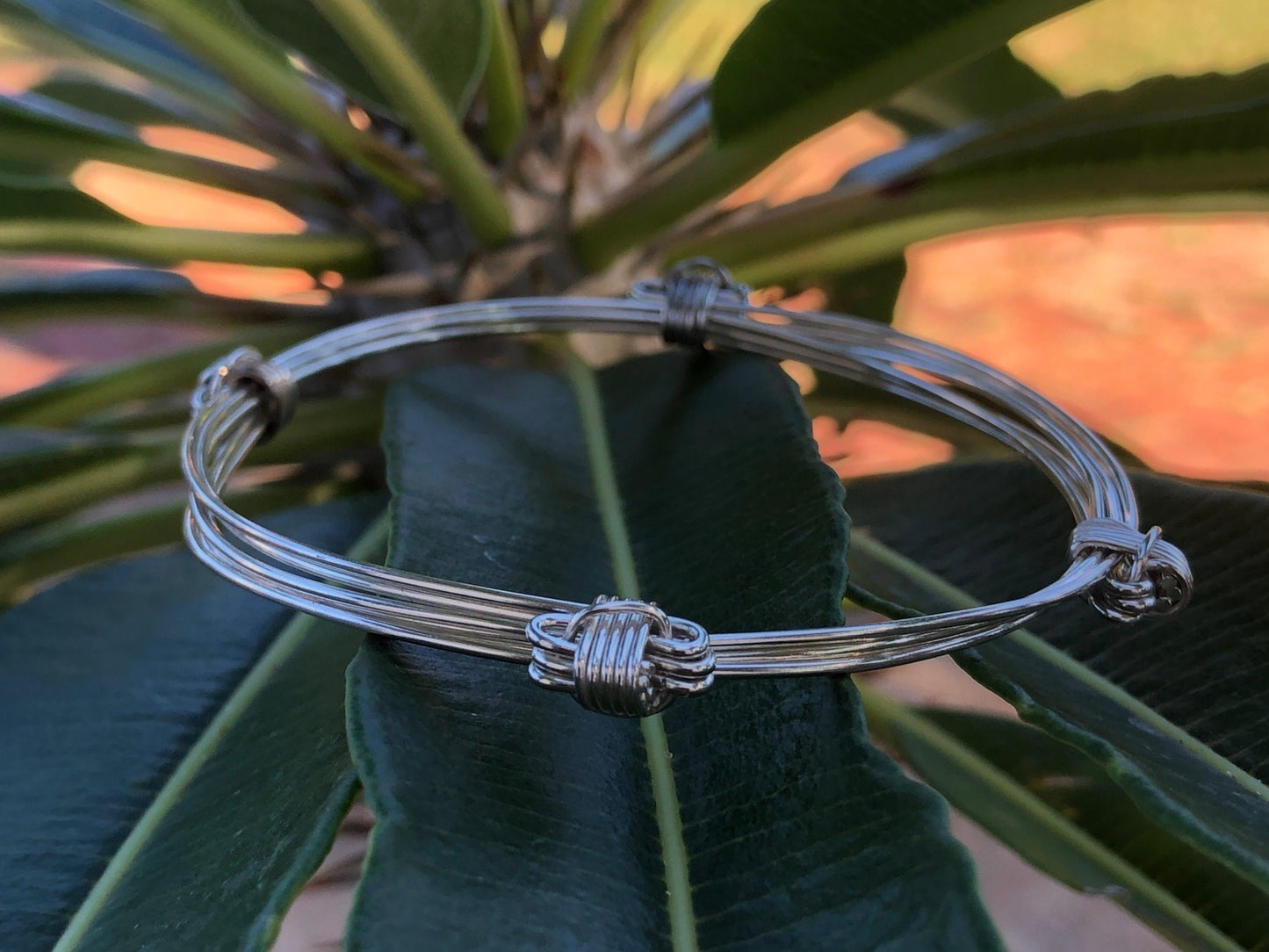 Four Knot, Three Strand Sterling Silver Elephant Hair Adjustable African Bangles