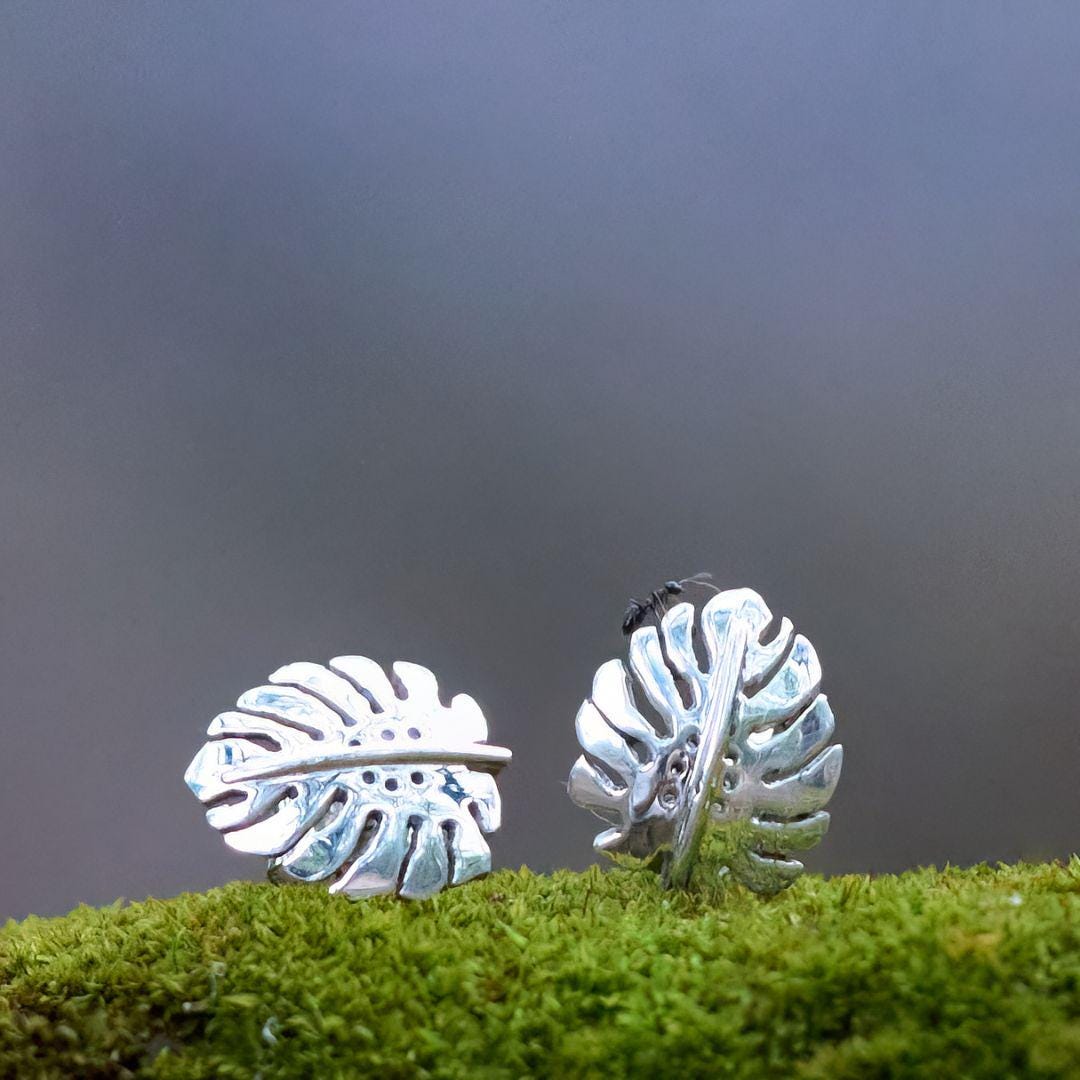 Sterling Silver Monstera Stud Earrings