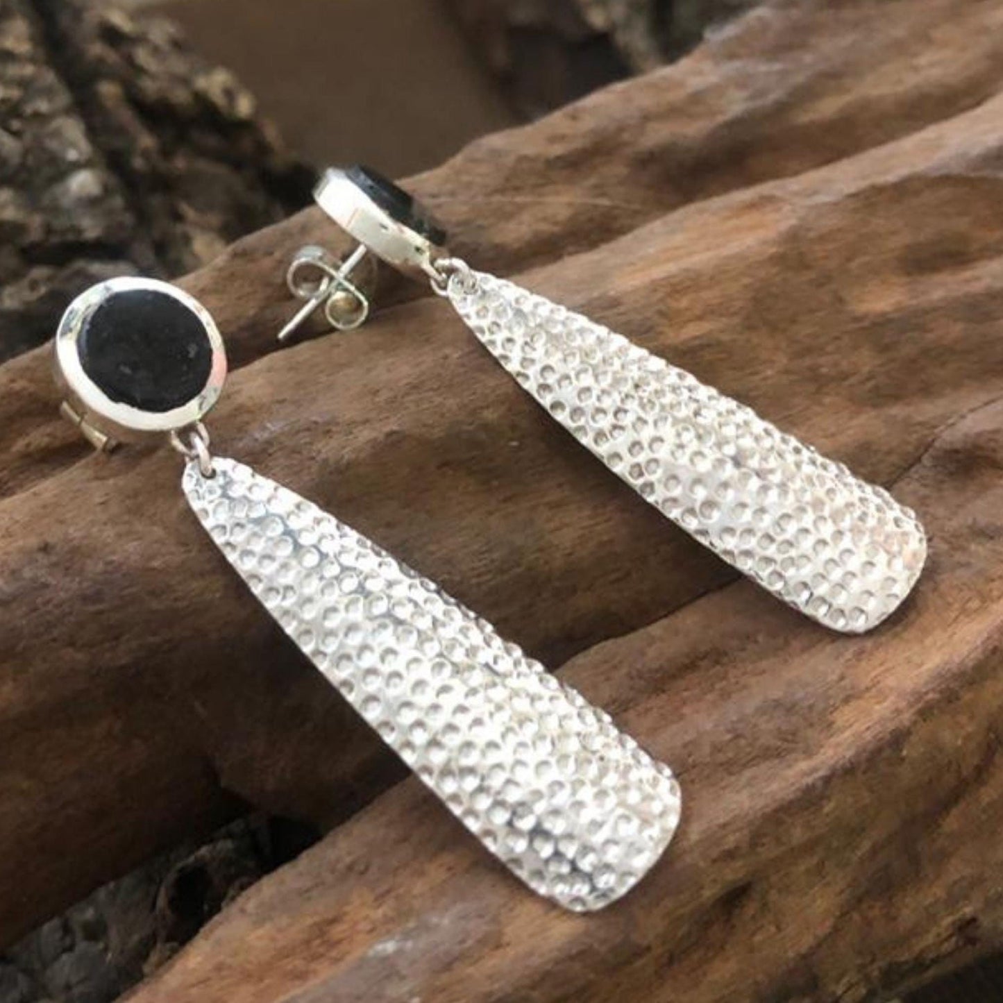 Matobo Rock Textured Sterling Silver and Granite Dangly Earrings