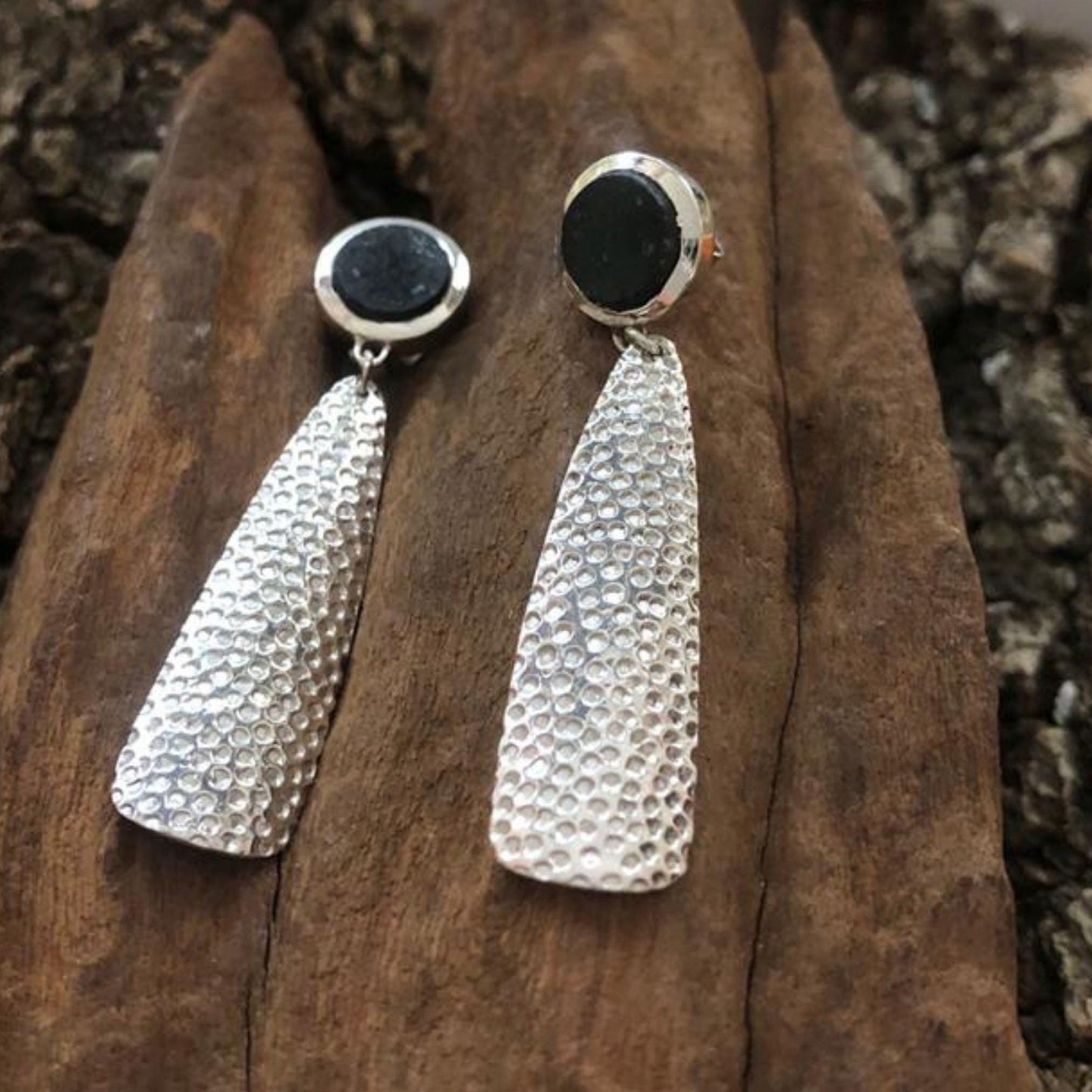 Matobo Rock Textured Sterling Silver and Granite Dangly Earrings