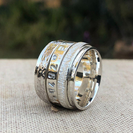 Silver Spinner Ring with GPS Coordinates