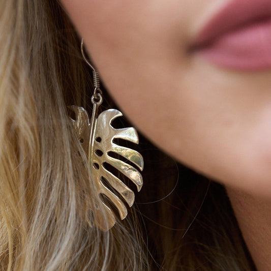 Sterling Silver Monstera Earrings, 30mm