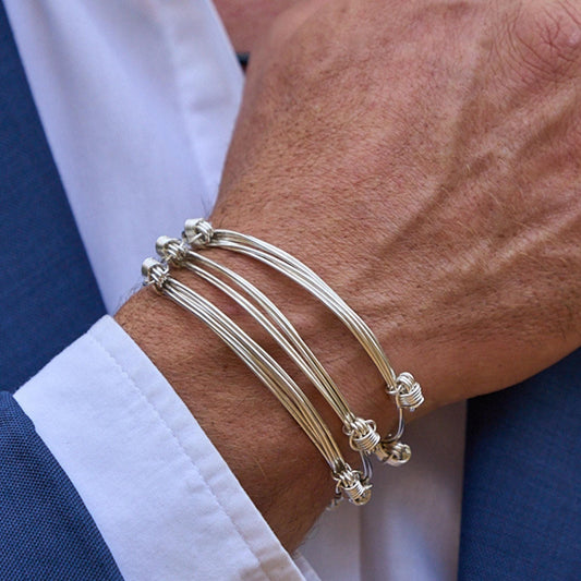 Set of 3, Four Knot, Three Strand Sterling Silver Adjustable Elephant Hair Bangles