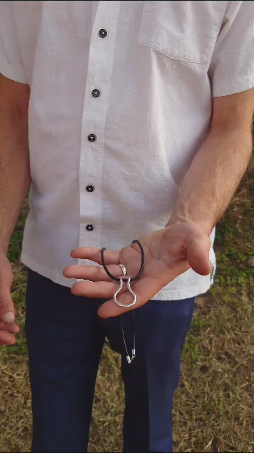 Man putting a ring on a ring holder necklace